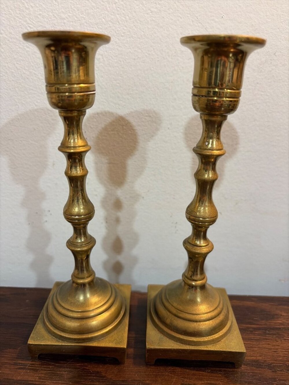 VTG Brass Candle Holder Pair Of 7" Tall Taper Ornate Design & Square Base MCM